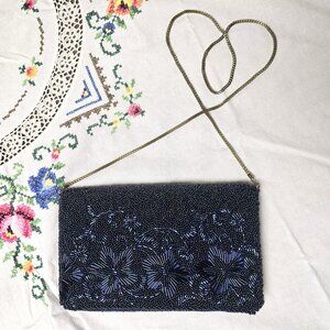 Vintage Royal Cobalt Blue Silk AB Glass Bead Evening Bag Dress Purse Clutch 8"